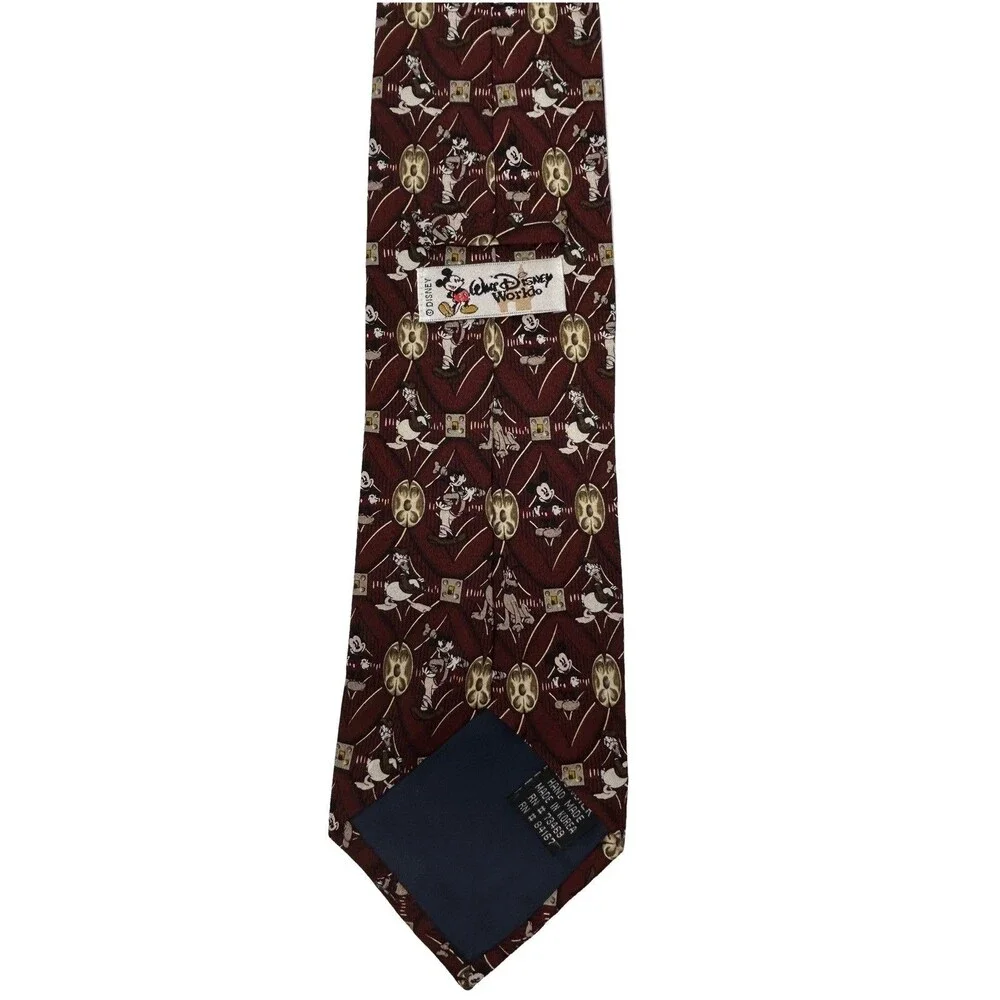 Walt Disney World Silk Maroon Tie Mickey Mouse Goofy Pluto Donald Duck 57.5